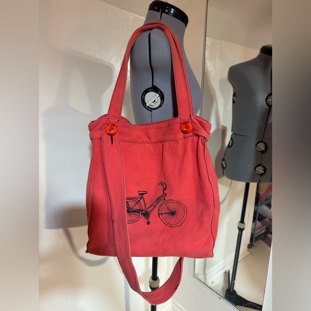 Effie's Heart Bicycle Print Canvas Tote Bag Coral Cotton Shoulder Bag